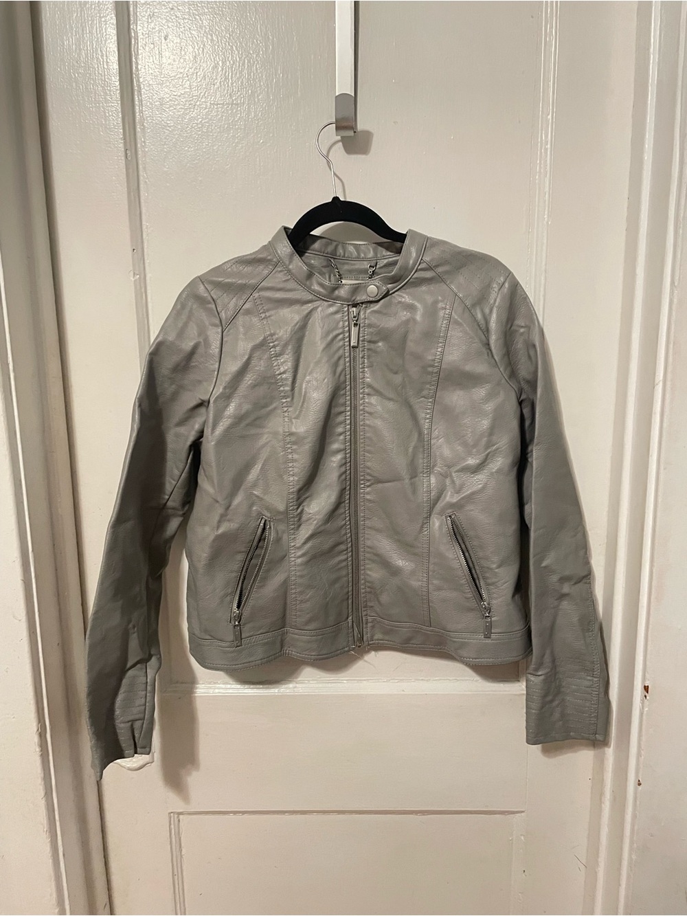 Women's Grey Faux Leather Biker Jacket
